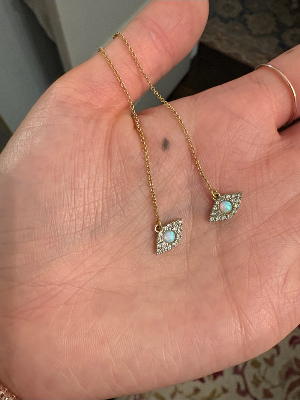Gold Opal moonstone threader Chain Earrings with Pavé Crystals and eye motif